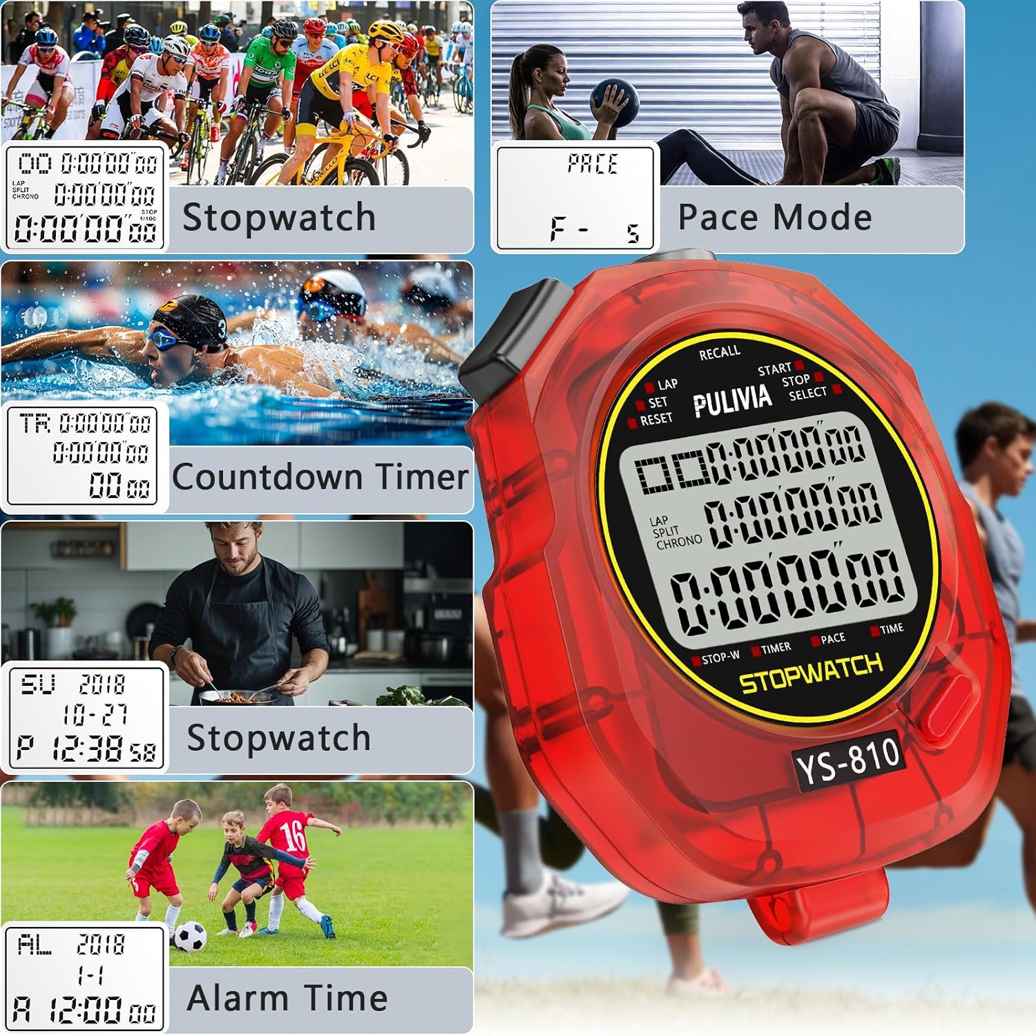 Skiennix Stopwatch Timer - Digital Sports Stopwatch with 10 Splits/Laps & Large Display | Red