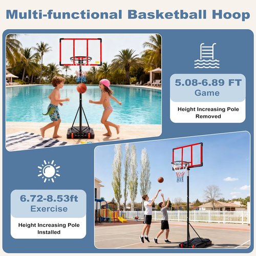 DUMOS 10FT Adjustable Height Basketball Hoop - 44" Shatterproof Backboard & Shock Absorbent Rim | Portable Design for Indoor/Outdoor Use