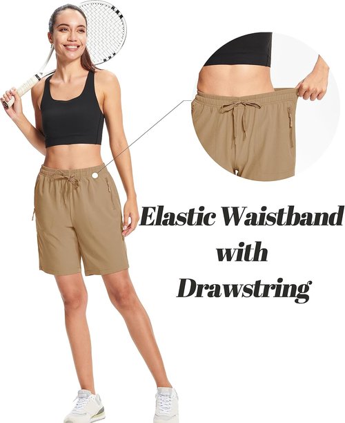 MAGCOMSEN Women's Hiking Shorts - Lightweight Quick-Dry 8" Golf Shorts | Water-Resistant with 3 Zipper Pockets