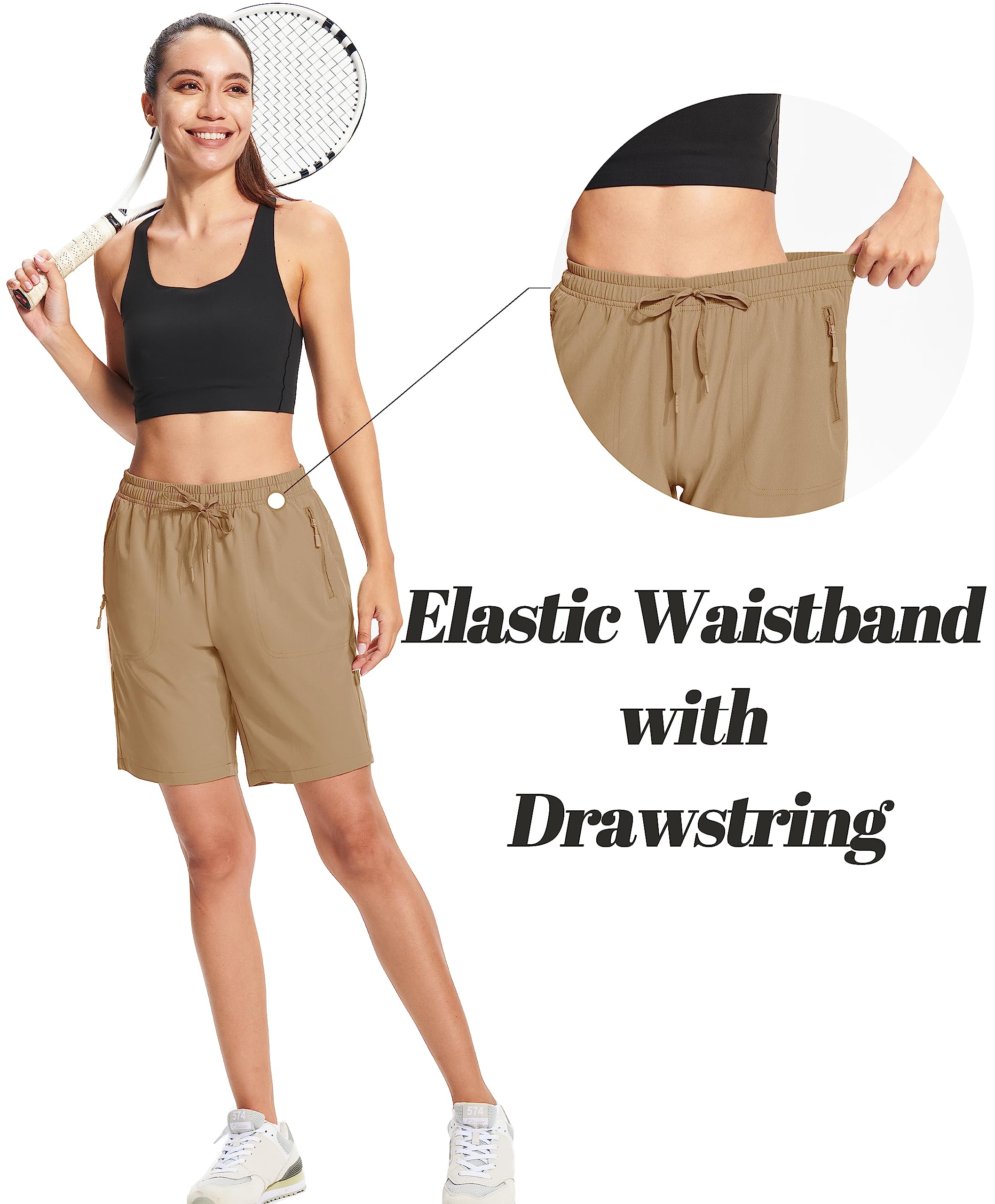 MAGCOMSEN Hiking Shorts Woman 8 Inch Inseam Quick Dry Lightweight Running Shorts with Pockets Active Khaki S