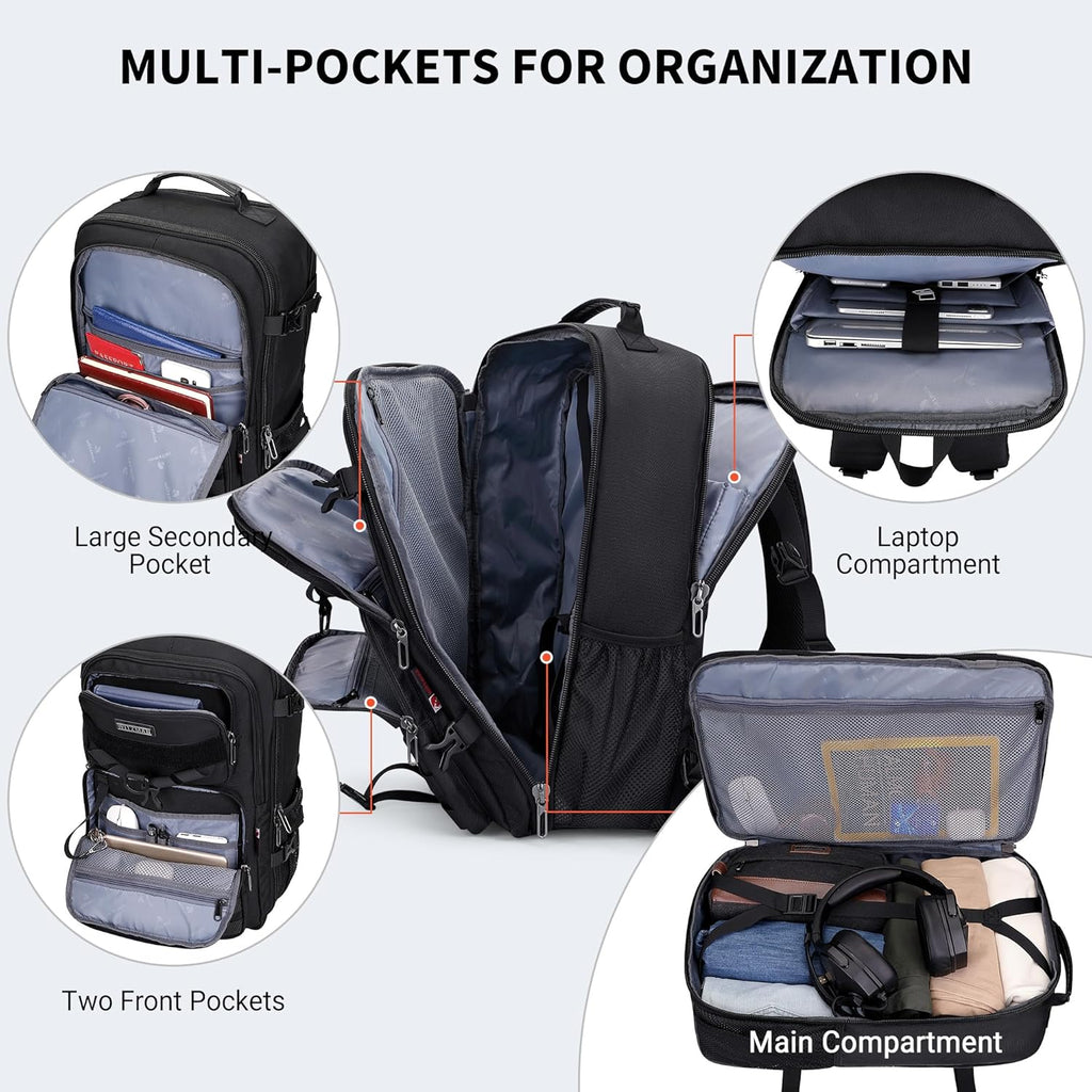 WITZMAN 45L Convertible Travel Backpack for Men - Airline Approved | Fits 17-Inch Laptop - Black