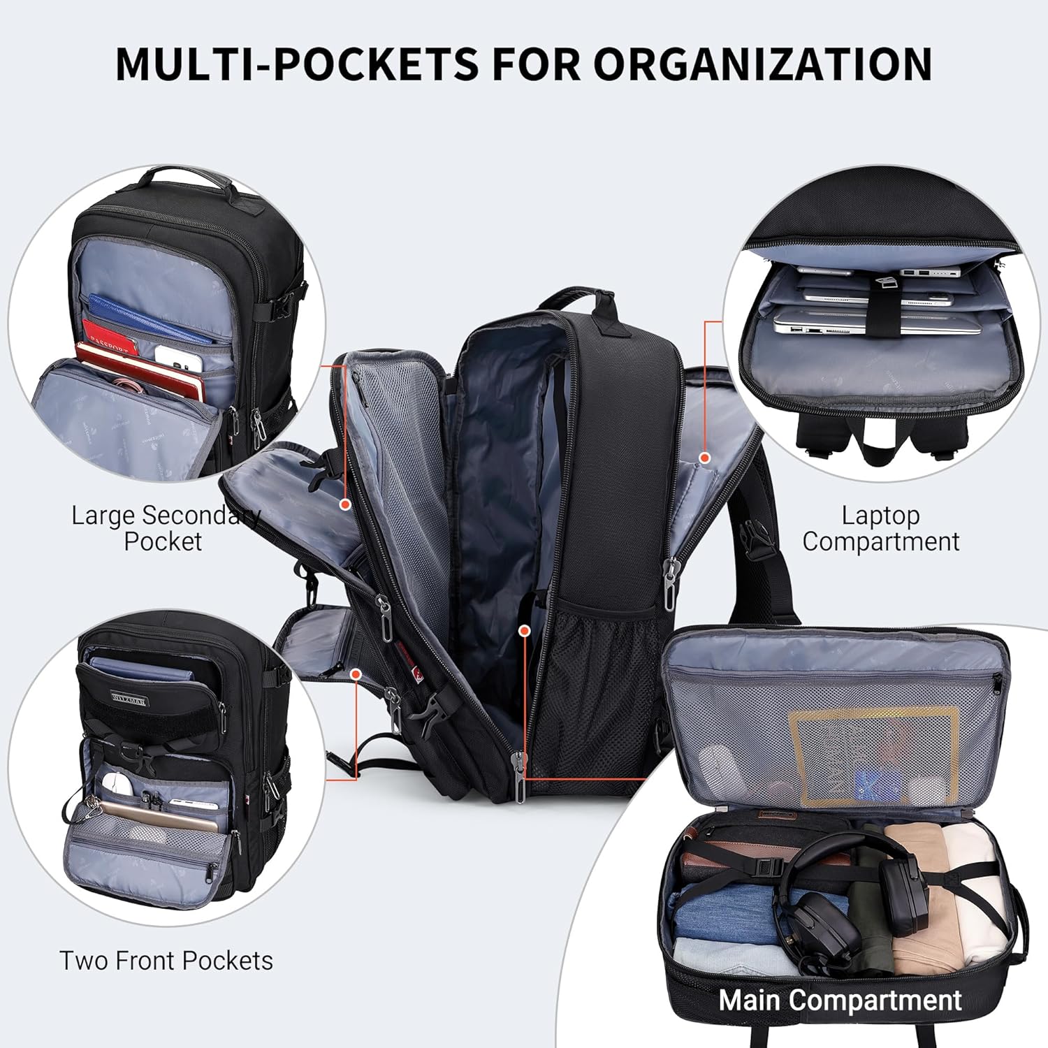 WITZMAN 45L Convertible Travel Backpack for Men - Airline Approved | Fits 17-Inch Laptop - Black
