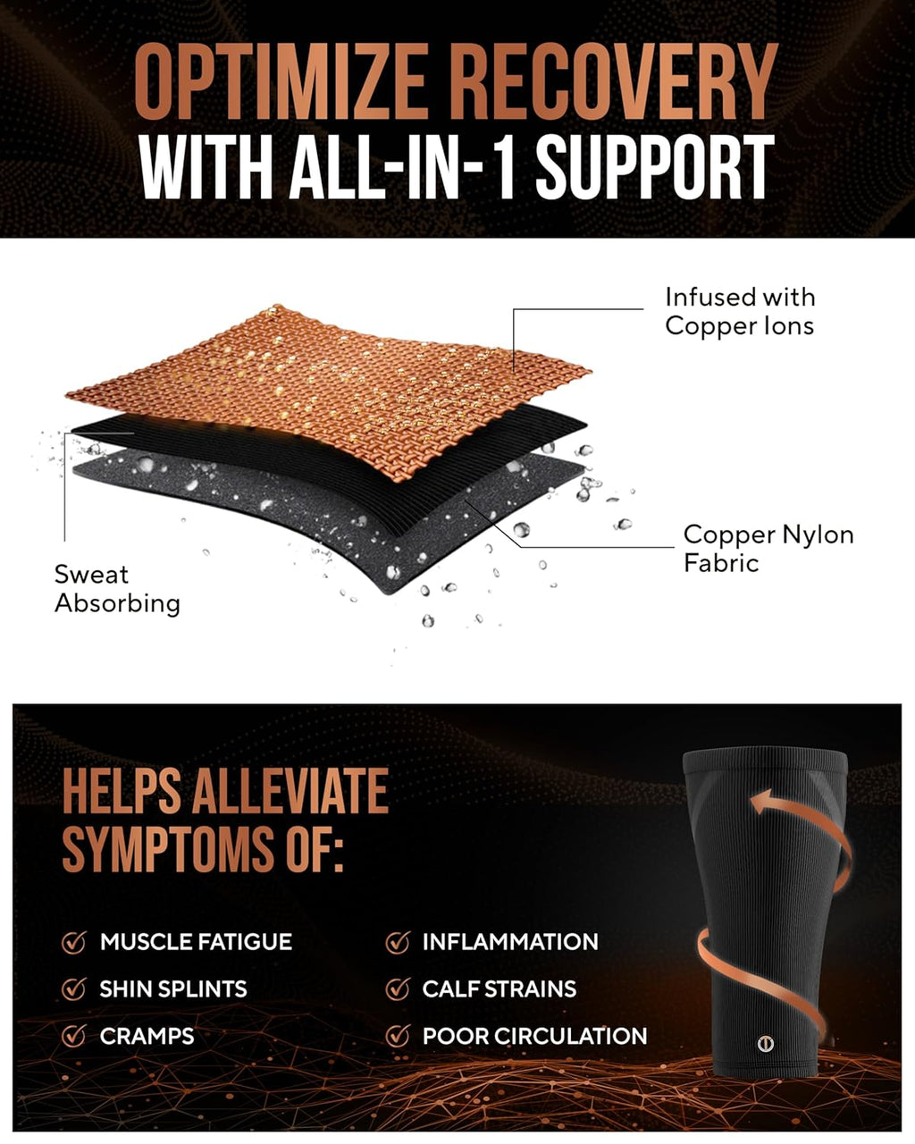 TheraCopper Copper Calf Compression Sleeve - Premium Breathable Shin Sleeve for Men & Women | Non-Slip Design for Muscle Recovery & Leg Fatigue