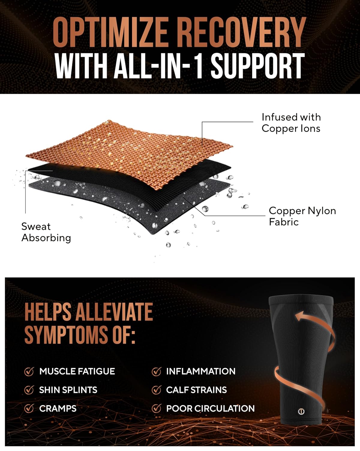 TheraCopper Copper Calf Compression Sleeve - Premium Breathable Shin Sleeve for Men & Women | Non-Slip Design for Muscle Recovery & Leg Fatigue