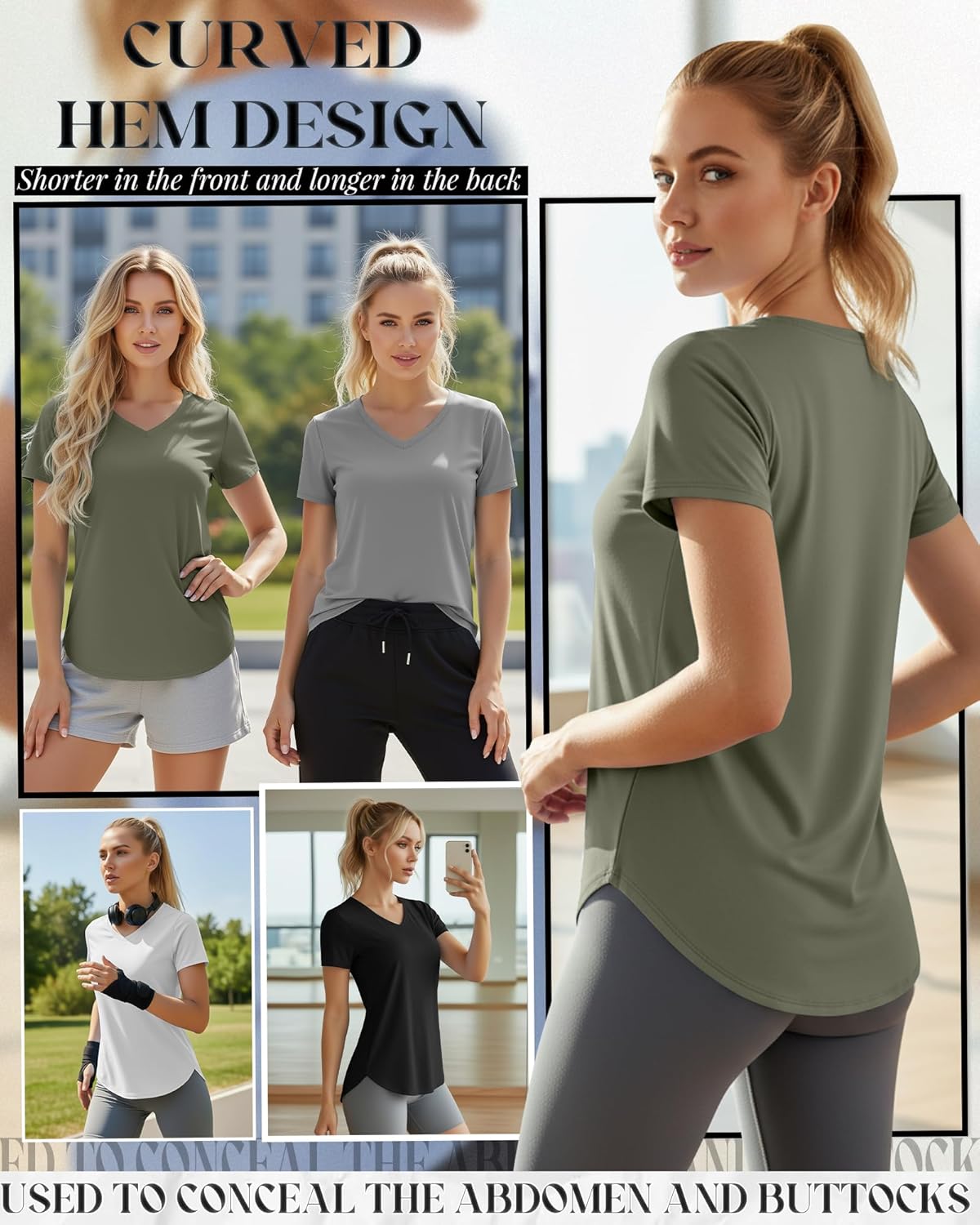 Oakgarden Women's Workout Tops - Quick Dry UPF 50+ V Neck Gym Shirts | Lightweight, Curved Hem, 4 Pack