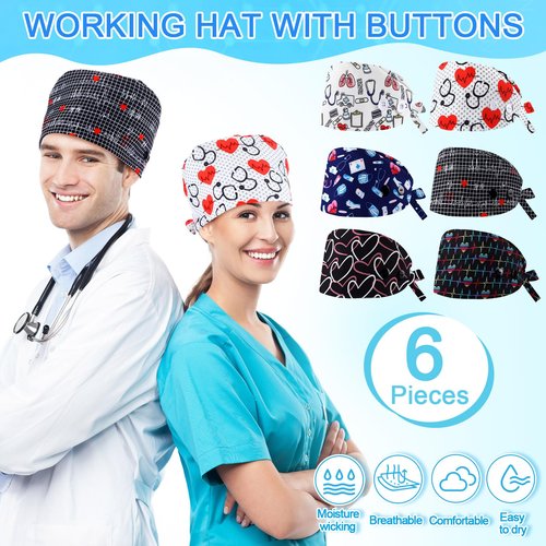 Maiteenly Satin Lined Scrub Caps Women Bouffant Nursing Hats with Button and Sweatband Adjustable Working Hat(6 Pcs,Fresh Style) Multicolor