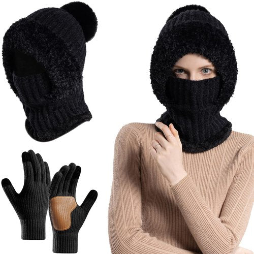3 in 1 Womens Beanie Hat with Scarf Mask and Gloves Set, Knitted Hat Fleece Lined Snow Ski Scarf Caps Fall Winter Warm Glove (Black Set)