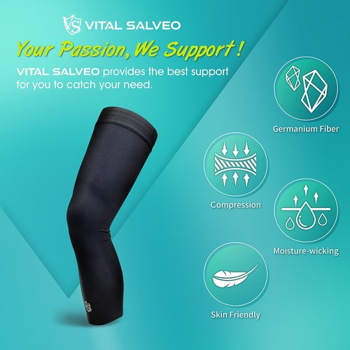 Vital Salveo -Germanium Recovery Compression Sports Full Leg Sleeve Length Thigh Calf Long Knee Sleeve with UV protection Support Single Tight. For Basketball, Arthritis Men and Women (1 PC)-Large