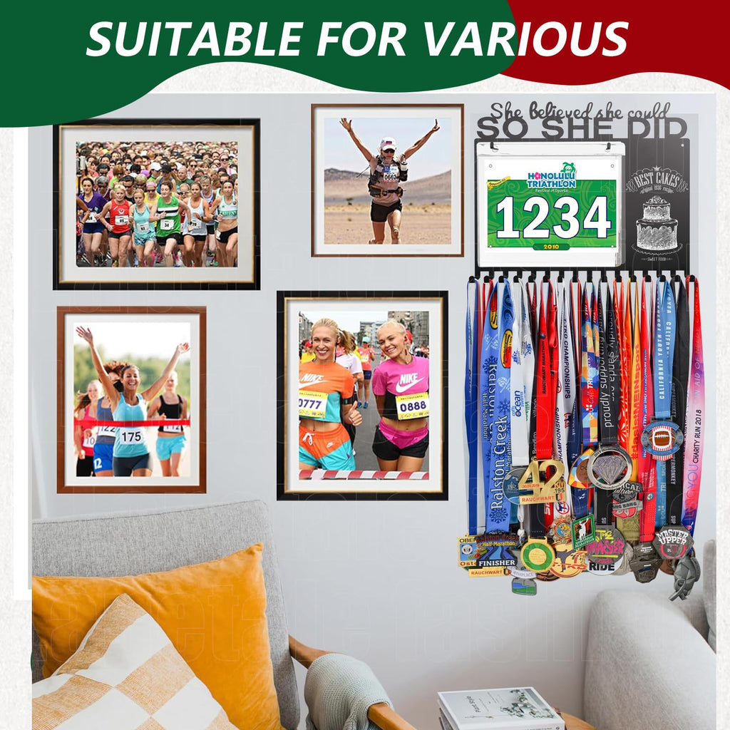 Lapetale Fashion She Believed She Could SO SHE DID Race Bib and Medal Display,Marathon Medal Display and Runner Medal Hanger Display,Bib Running Medal Display Gifts for Runners Athlete Luxurious 60