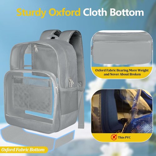 BrillaraSymn Heavy Duty Clear Backpack - Sturdy Transparent PVC Bookbag with Privacy Pocket | Grey