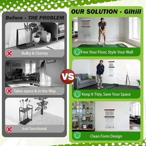 Wall Mounted Golf Club Display Rack, 2 Pack Wooden Golf Putter & Wedge Holder with 6 Secure Clips, Golf Ball Display Shelf, Premium Wall Storage & Organizer for Home, Office, Man Cave, Pro Shop