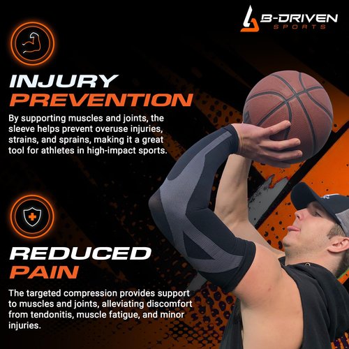 B-Driven Sports Compression Arm Sleeve for Men & Women - Medical Grade 20-30mmHg, Bicep, Forearm, Elbow Support, Lymphedema, Baseball, Basketball, Tennis, Work, Weightlifting - Black Small 1pc