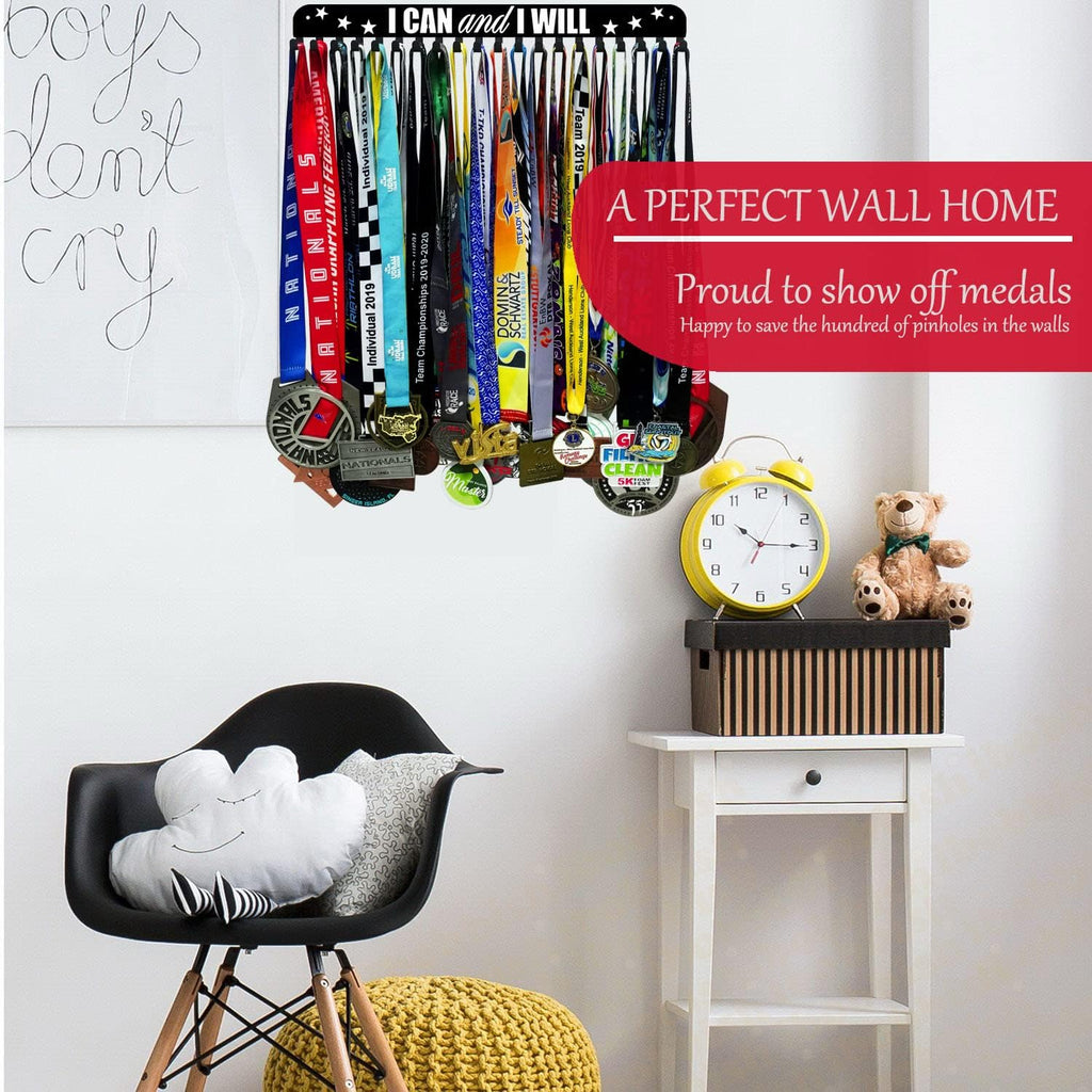Premium Medal Display Hanger - "Never Give Up" Design with 20 Hooks | 16-Inch Wall-Mounted Medal Holder for Gymnastics, Race, Soccer, Swim
