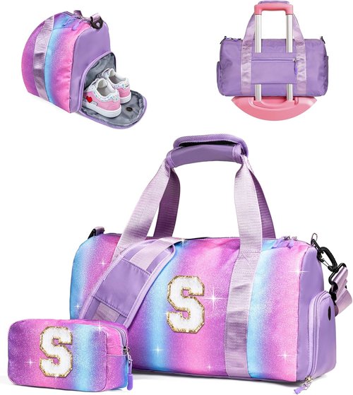 Cool Stuff Personalized Teen Girl Gym Bag - Shoe Compartment & Makeup Pouch | Ideal Gift for Ages 7-12 (Letter S)