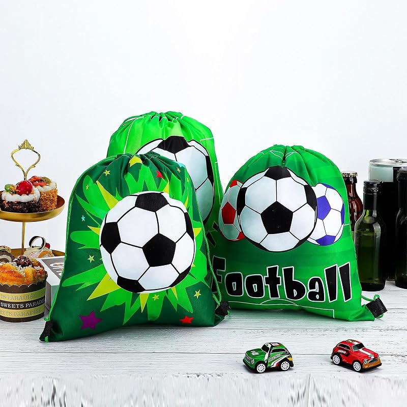 Soccer Themed 12-Pack Drawstring Gift Bags for Kids – Green Mini Soccer Party Favor Bags