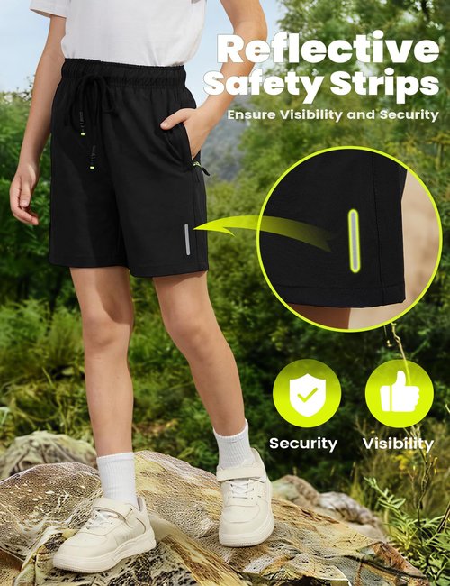 Gihuo Boys Shorts Quick Dry Athletic Shorts Kids Lightweight Outdoor Running Shorts with Zipper Pocket(BlackDarkGreyLightGrey-13Y)