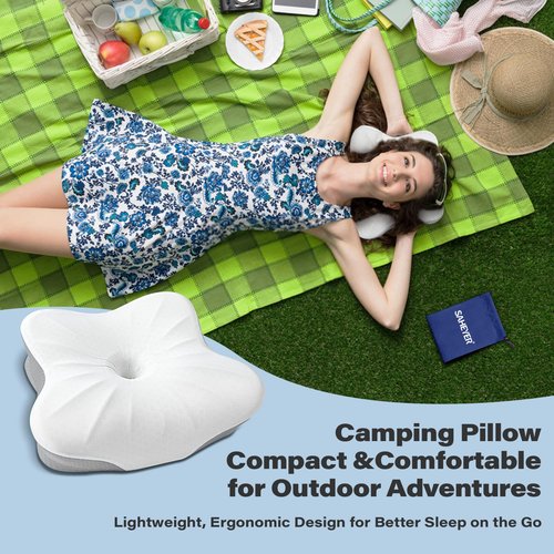 SAHEYER Memory Foam Camping Pillow, Travel Pillows for Sleeping, Cervical Neck Support Camping Gear Accessories - Small Pillow Travel Essentials for Sleep, Backpack, Hammock, 11.81x9.84x3.94 in, Gray