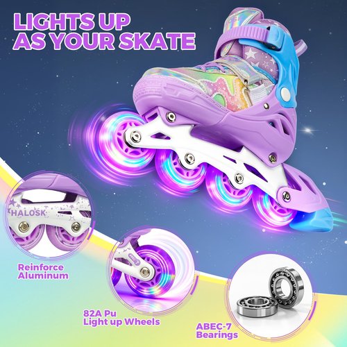 HALOSK Kids Inline Skates for Girls Boys with Light Up Wheels, Adjustable Blade Skates Gradient Glitter Star with Breathable Comfort Liner for Youth Beginners, for Ages 5–16