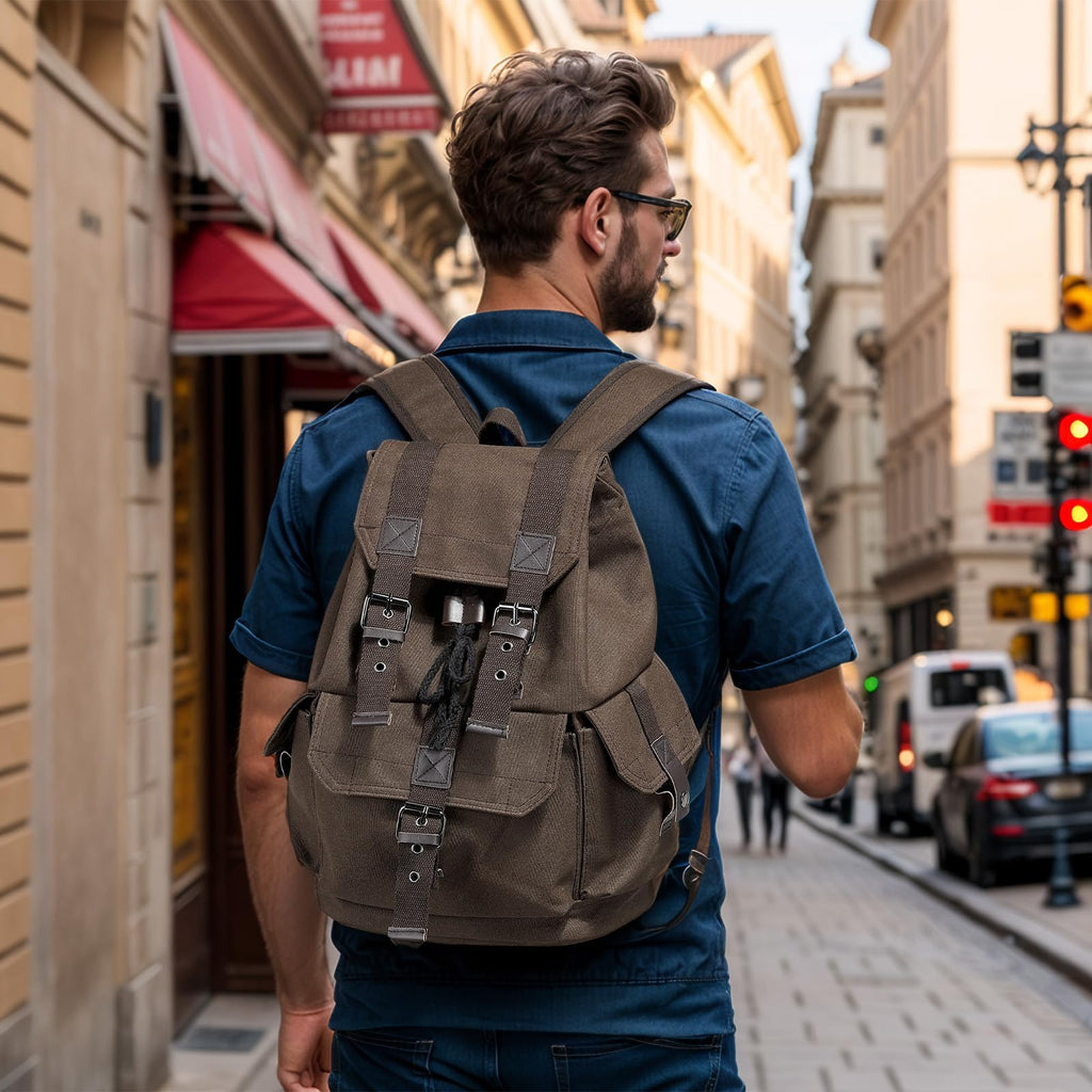 SUIKIHUM Vintage Canvas Backpack for Men Women, Durable Casual Daypack, Large Capacity Travel Rucksack Fits for Hiking and Daily Use (Coffee)