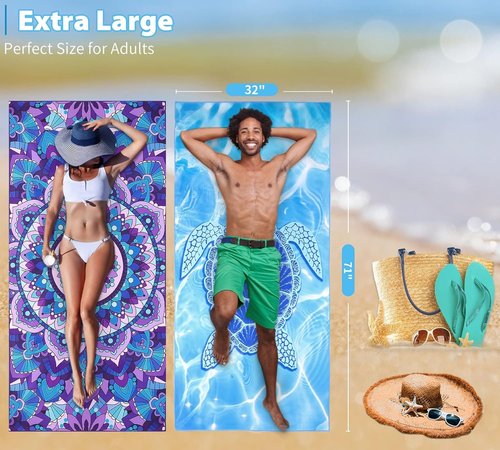 Microfiber Towel | Sand-Free, Quick-Dry Absorbent Towels for Beach, Gym & Travel - XL 71x32, 4 Pack