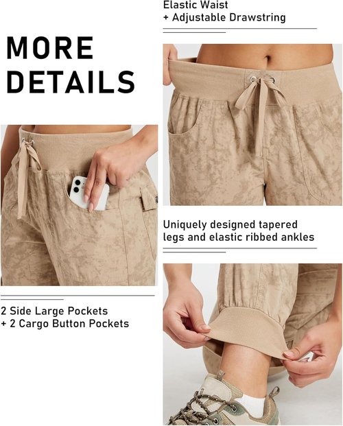 MoFiz Women's Lightweight Hiking Cargo Pants - Quick-Dry Outdoor Travel Joggers with Elastic Waist & Pockets