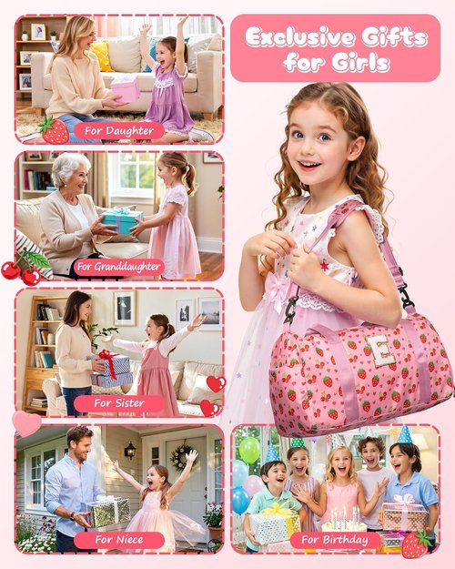 Elilier Dance Bag for Girls, Birthday Gifts for 4 5 6 7 8 9 10 Year Old Girls Kids, Initial Kids Duffle Bag, Cute Weekender Overnight Sleepover Gym Bag with Shoe Compartment, Girly Stuff