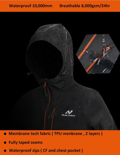 NORDIC OUTLAND Rain Jacket Men,Waterproof Breathable Long Raincoat with Hood Mesh Lining,Windbreaker for Outdoor Fishing Camping