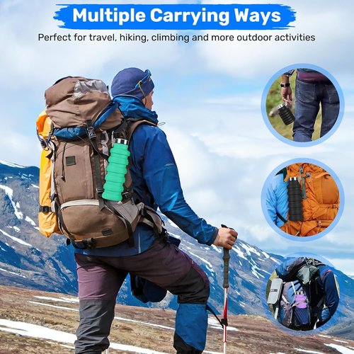 Collapsible Water Bottle, 16oz Portable Reusable Silicone Water Bottle, BPA-Free Leak-Proof Foldable Design with Carabiner, Lightweight Durable for Gym, Travel, Camping, Hiking, Sports(Black+ Purple)