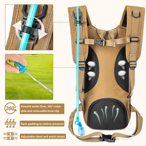 LASUK Hydration Backpack, Tactical Molle Water with 2L TPU Water Bladder, for Men Women Lightweight Water Backpack, Hydration Pack for Hiking, Biking, Climbing and Hunting, Khaki