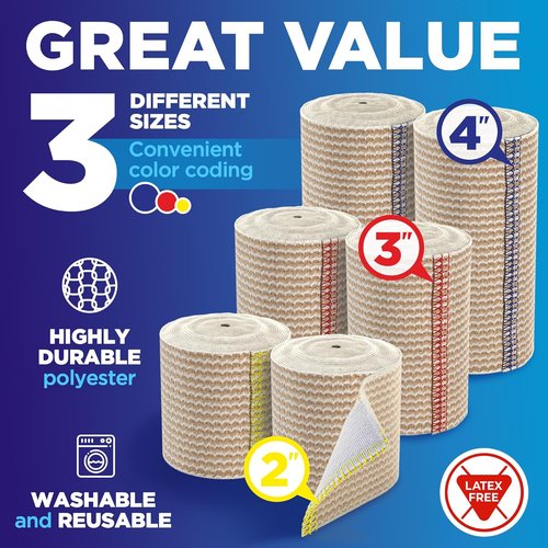 High-Performance Elastic Bandage Wrap - Self-Closing Compression for Legs, Ankles, Wrists | 6 Pack (2x2in, 2x3in, 2x4in) - Ideal for First Aid and Post-Surgery Recovery