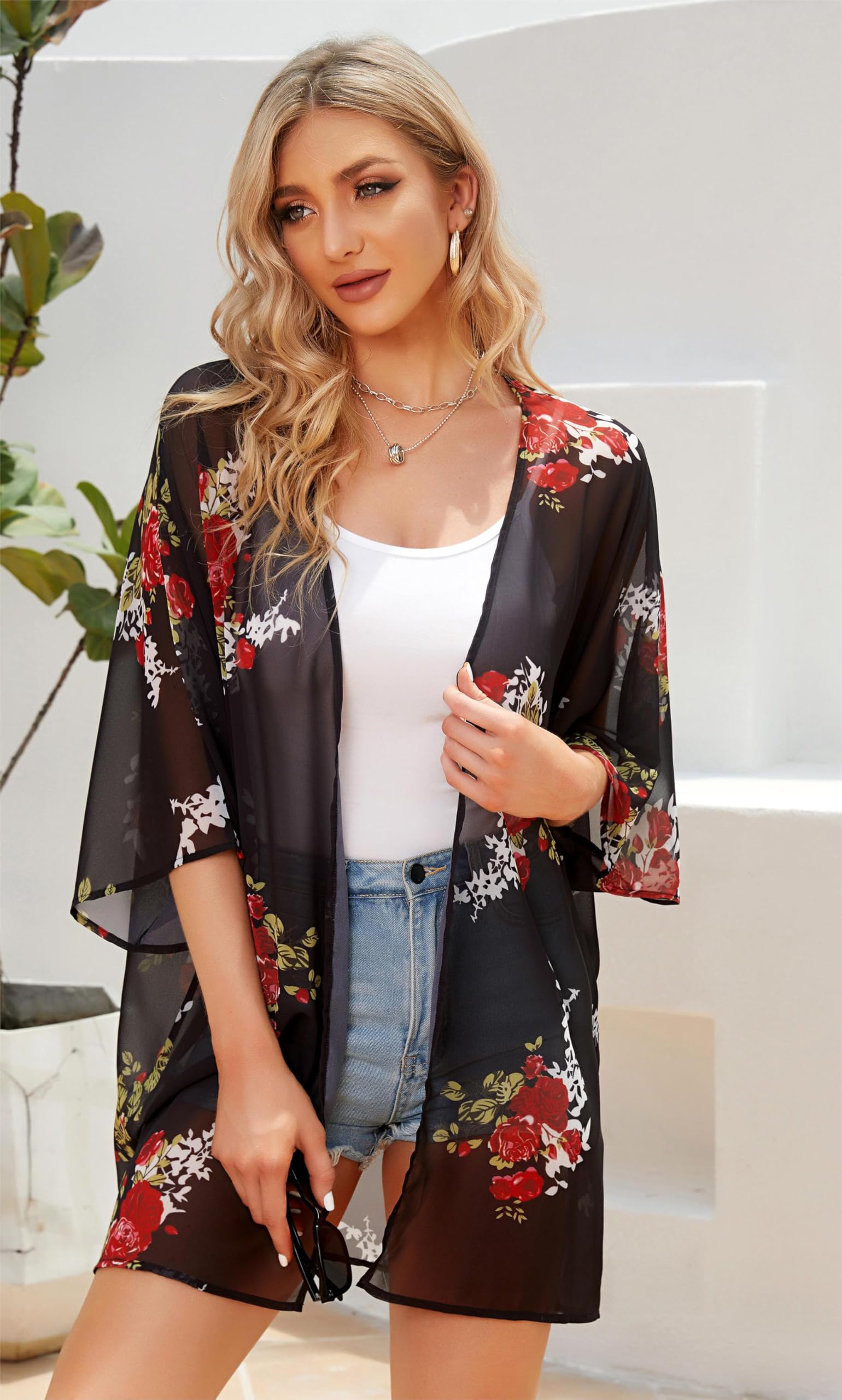 Women's Floral Print Puff Sleeve Kimono Cardigan Loose Cover Up Casual Blouse Tops (Black,2XL)