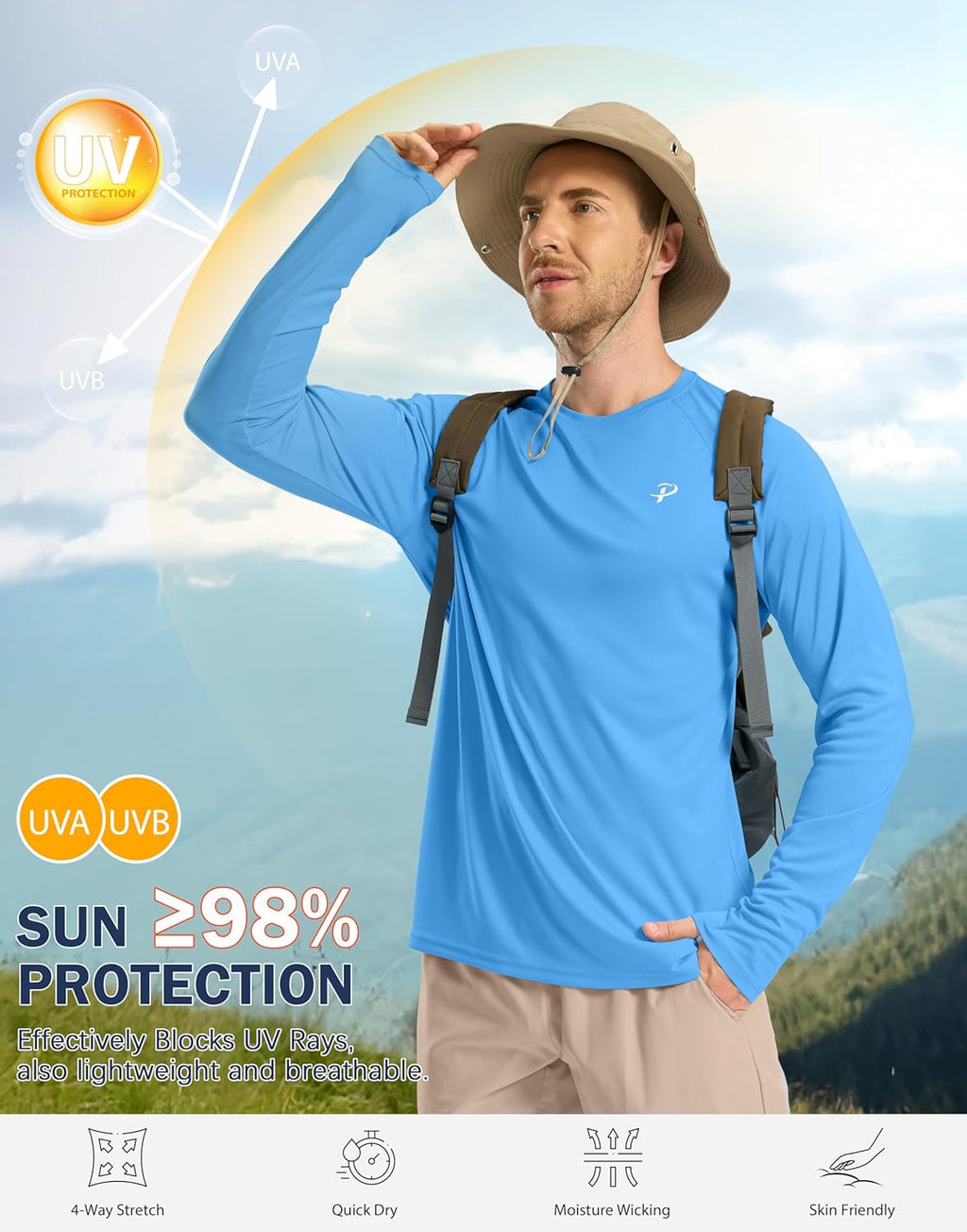 Pudolla Men's UV Protection Shirt - Lightweight Long Sleeve Rash Guard with UPF 50+ for Fishing & Swimming