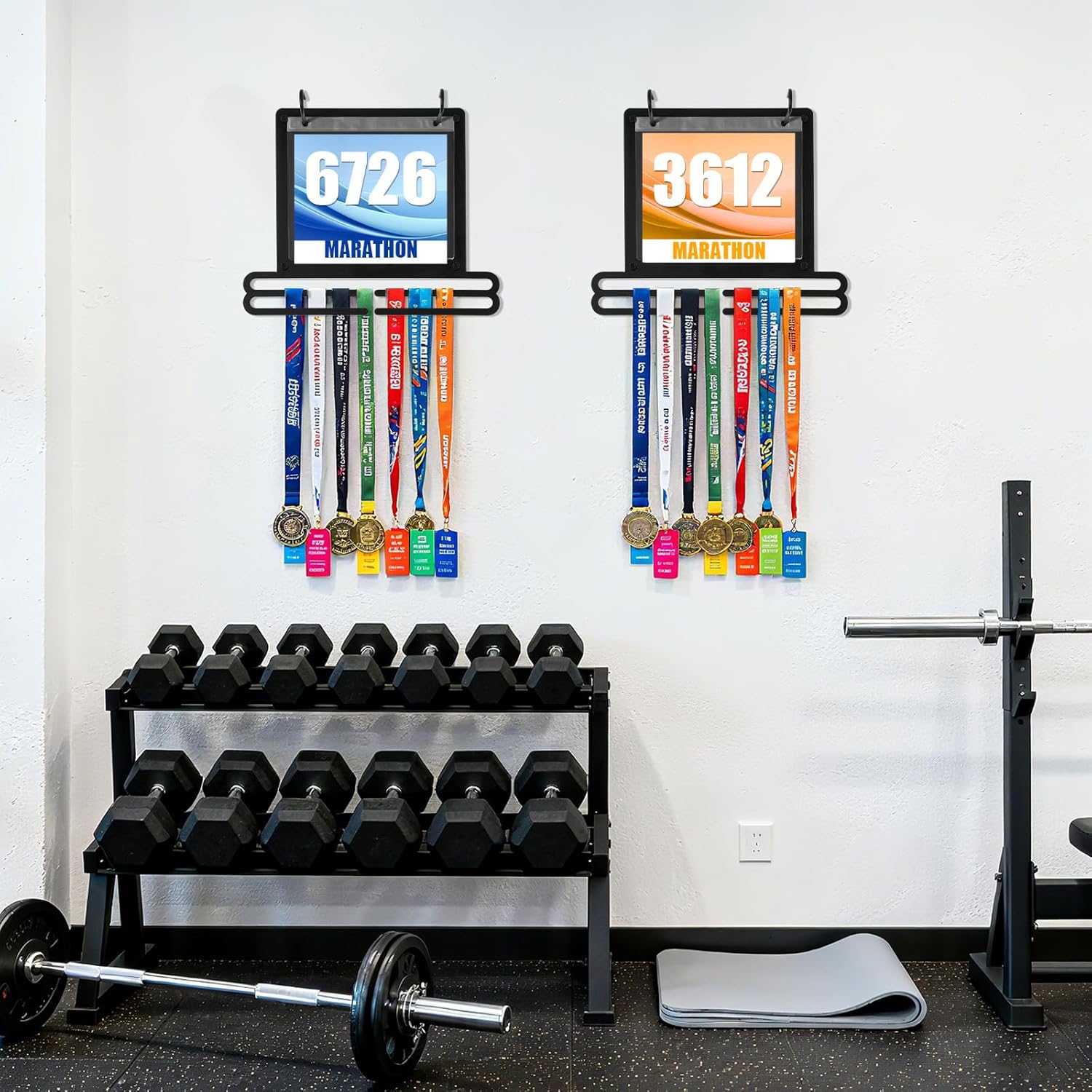 Race Bib and Medal Display Hanger, Running Bib Holder, Wall Mounted Hanging Rack Stands, Medal Holder Display Rack- 2 Rows Medals Hanger, Displays up to 40 Medals, 20 Race Bibs