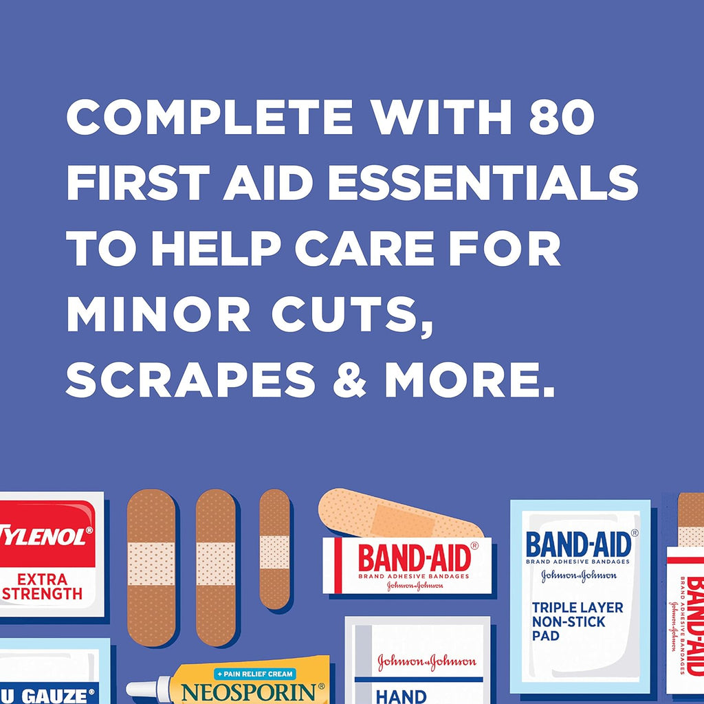 BAND-AID Brand Portable Emergency First Aid Kit - 80 Pieces for Home, Car, Travel & Camping Essentials