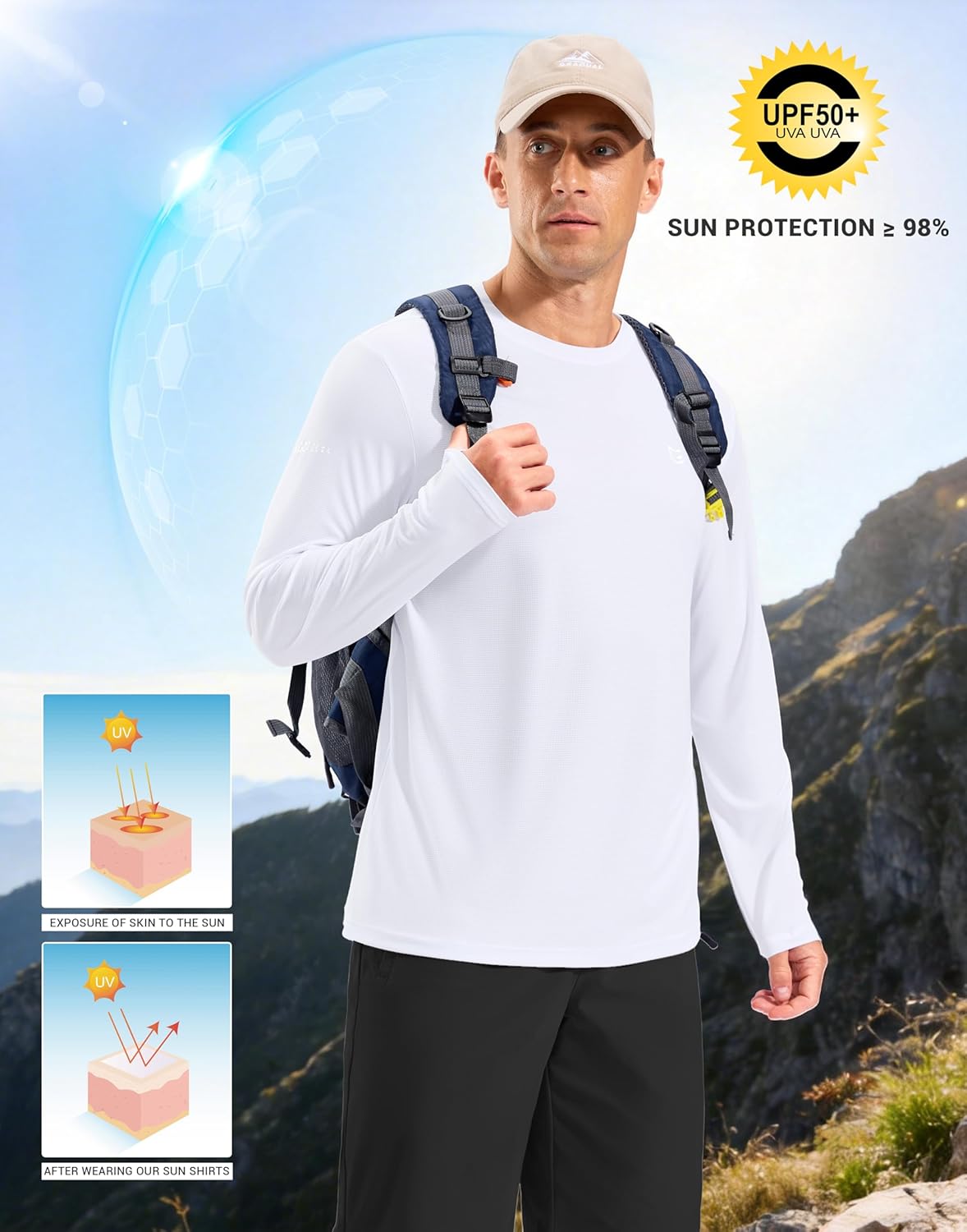 Skiennix Men's Long Sleeve UV Protection Shirt - Lightweight Cooling UPF 50+ Rash Guard