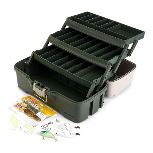 Plano Three-Tray Tackle Box Bass Kit, Tan/Green, Rust-Proof Brass Latch, Top-Access Tray Compartments with Deep Storage, Made in the USA, Portable Fishing Gear Storage Organizer