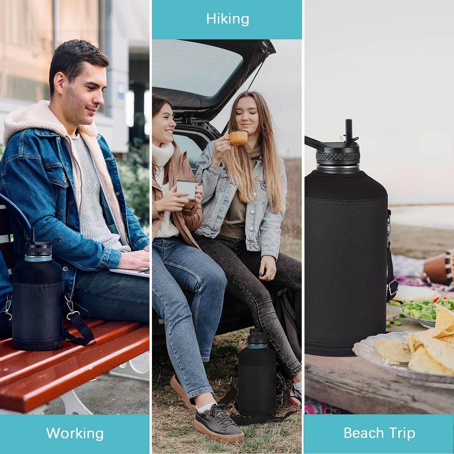 RAYMYLO Water Bottle Holder - Adjustable Crossbody Carrier Bag for 64/128 oz Bottles | Black