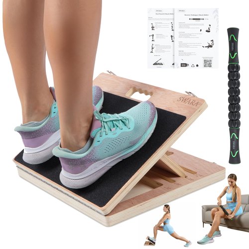 Swara 14″ Wide Professional Portable Eucalyptus Slant Board, thicker bottom board, Calf Stretching – Premium Adjustable Wooden Calf Stretcher Slant Board with Bonus Muscle Roller for Squats & Exercise