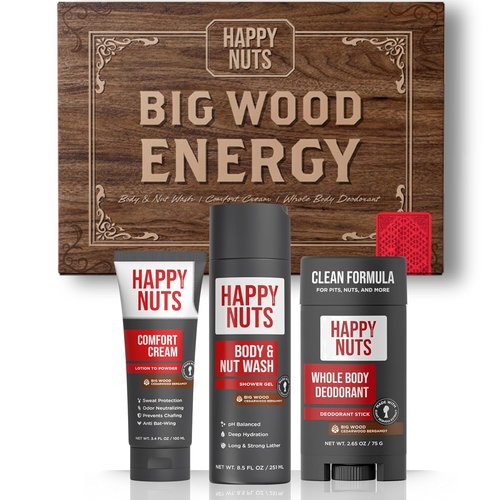 HAPPY NUTS Men's Hygiene Kit | Big Wood Energy Box with Deodorant, Body Wash & Comfort Cream - Ultimate Self-Care Gift Set