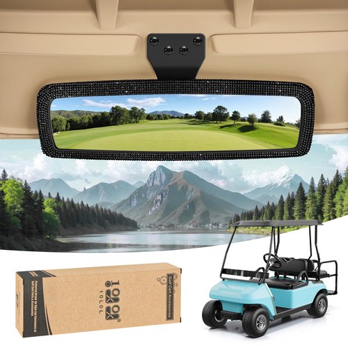 10L0L Bling Rhinestone Golf Cart Mirror for Yamaha, EZGO, Club Car, Universal 360° Adjustable Crystal Diamond Rear View Mirror with Wide Angle View, Shatterproof Glass Lens, Easy Installation