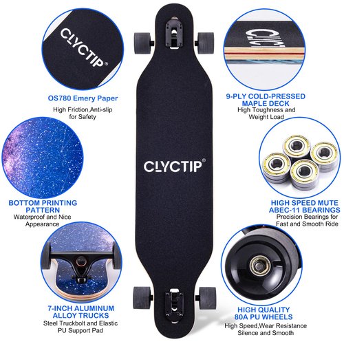 CLYCTIP 41 Inch Longboard Skateboard,9-Ply Maple,ABEC-11 Bearings,Complete Skateboard for Cruising, Carving, Downhill and Free-Style (SKY-01)