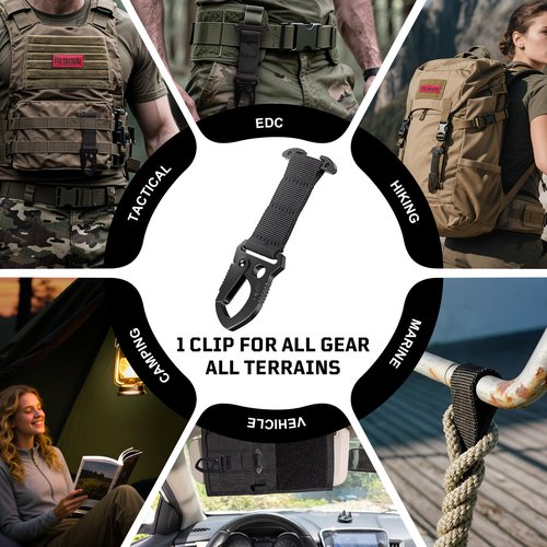 Tactical MOLLE Clip with Quick-Release Metal Hook & Nylon Webbing T-Mount | Secure Gear Attachment for Backpack, Vest, Belt, Car Seats & EDC(2PCS, Black)