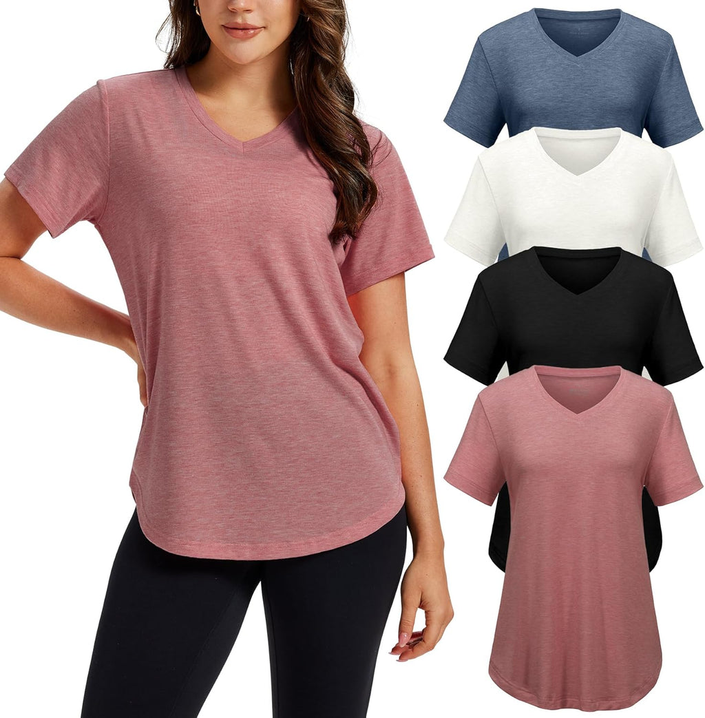 Skiennix V Neck T-Shirts for Women - 4 Pack of Casual Short Sleeve Tees in Plus Size, Plain Summer Styles