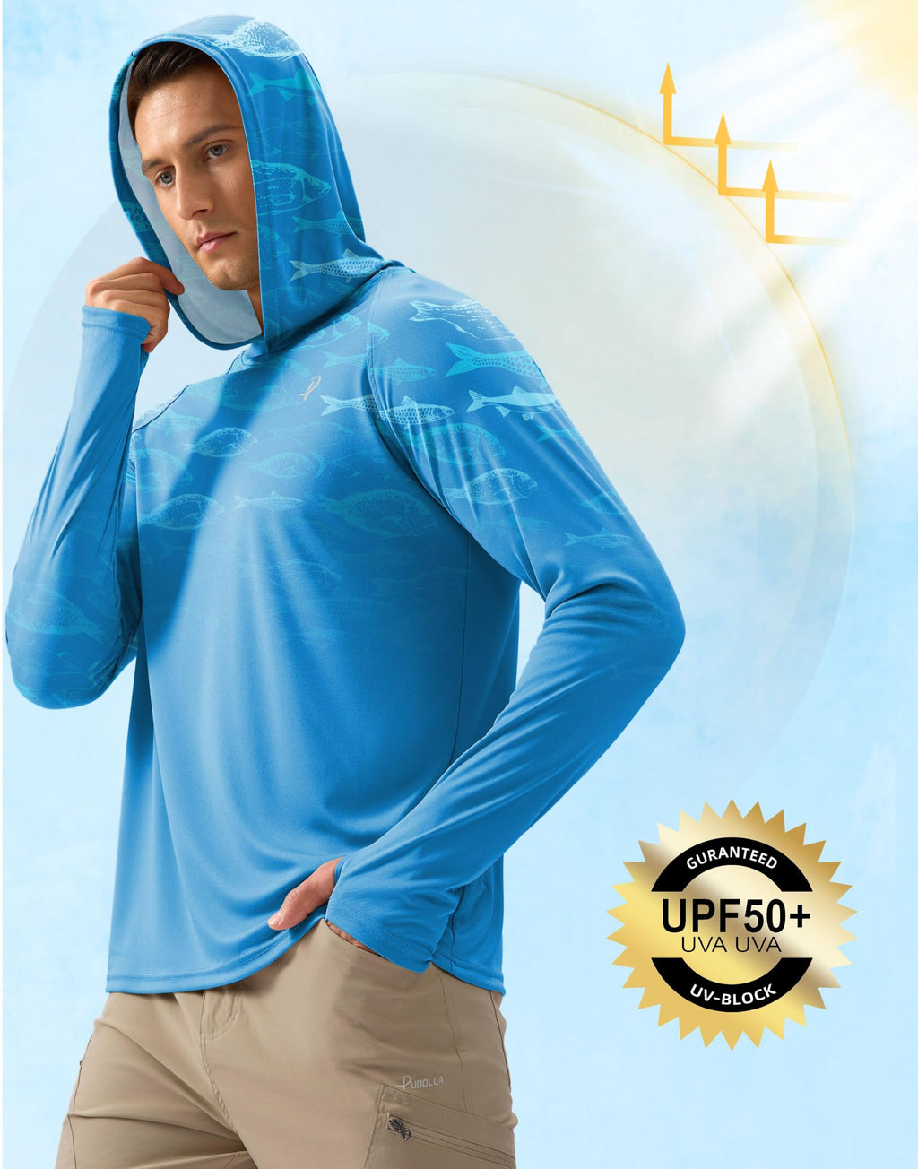 Pudolla Men's Sun Protection Hoodie Shirts UPF 50+ Rash Guard SPF Long Sleeve Fishing Shirt for Men Swim Hiking Boating(Blue Fish XX-Large)