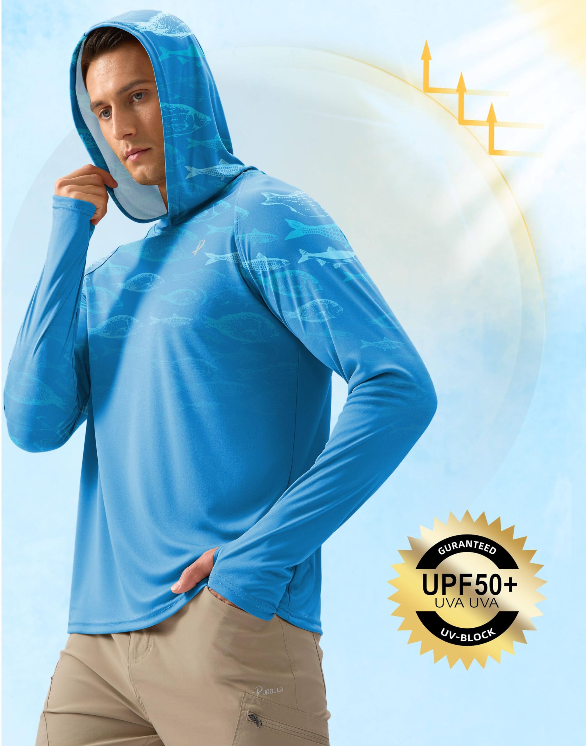 Pudolla Men's Sun Protection Hoodie Shirts UPF 50+ Rash Guard SPF Long Sleeve Fishing Shirt for Men Swim Hiking Boating(Blue Fish XX-Large)