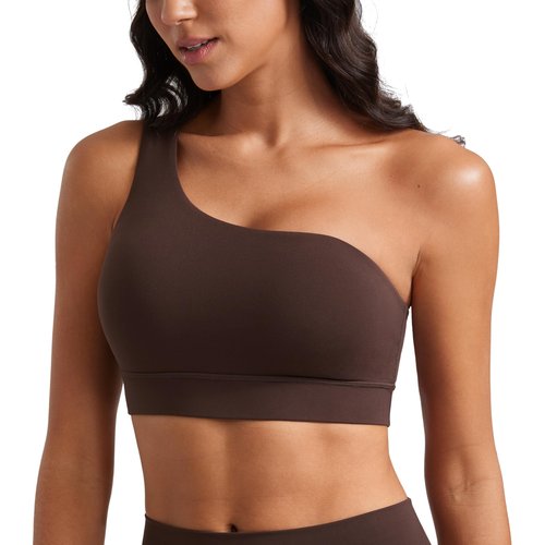 CRZ YOGA Butterluxe One Shoulder Sports Bras for Women - Sleeveless One Strap Low Impact Asymmetrical Workout Yoga Tops Hot Fudge Brown Medium