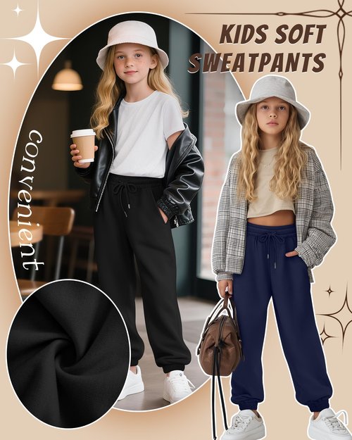 LessonZoo 3 Pack Girls Sweatpants Drawstring Wide Leg Baggy Sweat Pants High Waist Active Joggers for Kids with Pockets 5-14Y(Black, Light Heather Gray, Navy Blue,13-14 Years)