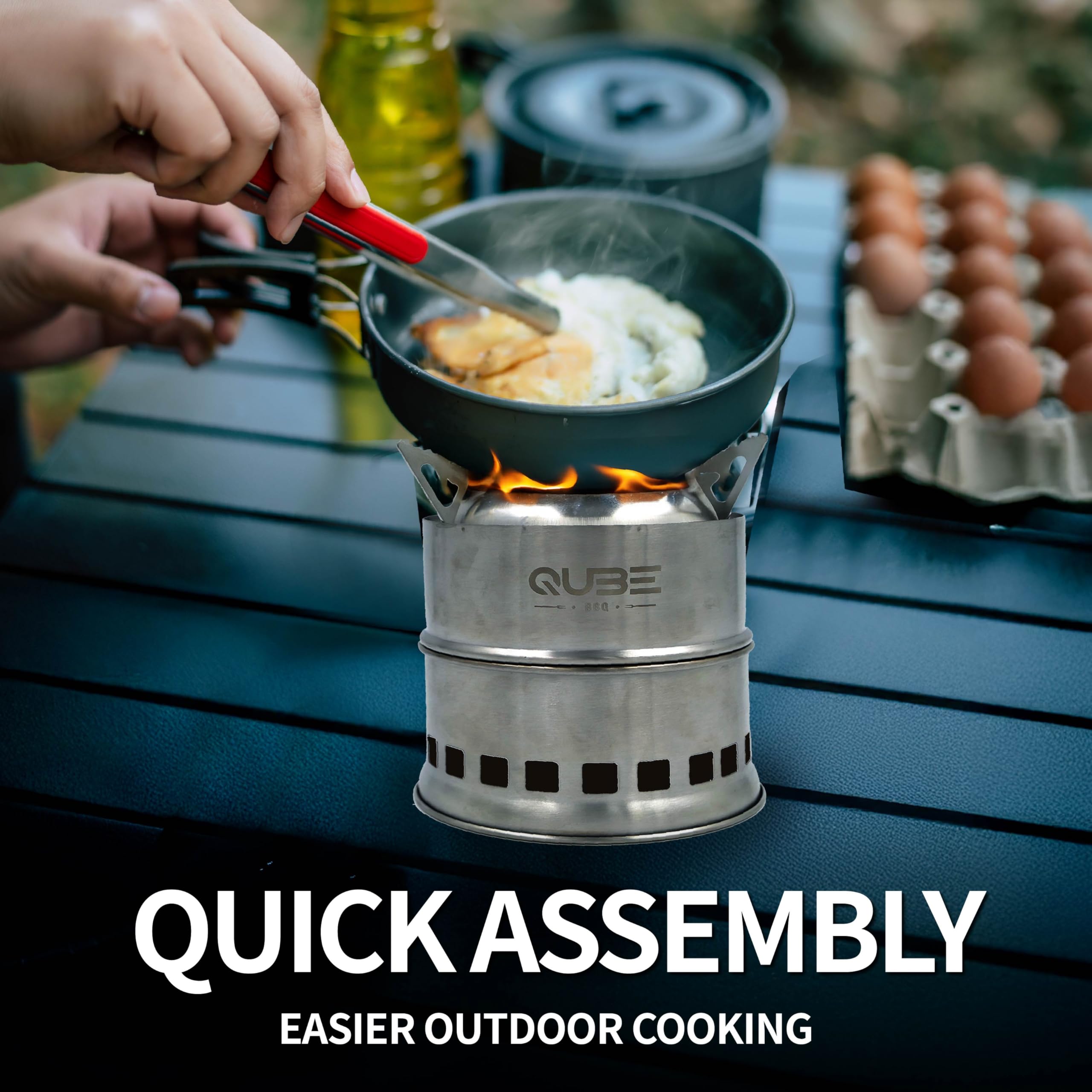 QUBE BBQ Portable Camping Stove with 3 Fire Starters – Stainless Steel Wood Burning Mini Camp Stove, Foldable with Carry Bag, for Backpacking, Hiking, Traveling, Emergency, Outdoor BBQ, and Picnic
