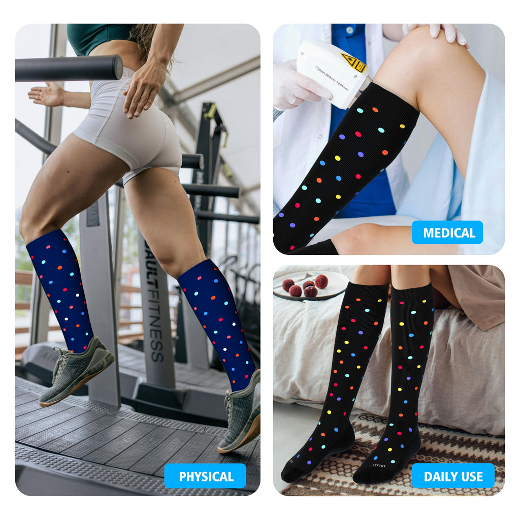 LEVSOX Cotton Compression Socks for Women&Men 20-30 mmHg Knee High Cute Fun Crazy Support Sock for Nurses, Travel and Flight, Pregnancy, 2 Pairs, Black and Navy Blue Polkadot