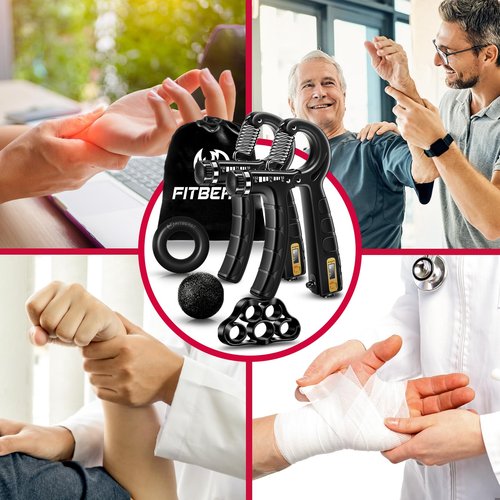 FitBeast Hand Grip Strengthener Workout Kit (5 Pack), 2 Forearm Grip Adjustable Resistance Hand Gripper, Finger Stretcher, Grip Ring & Stress Relief Grip Ball for Athletes, Black